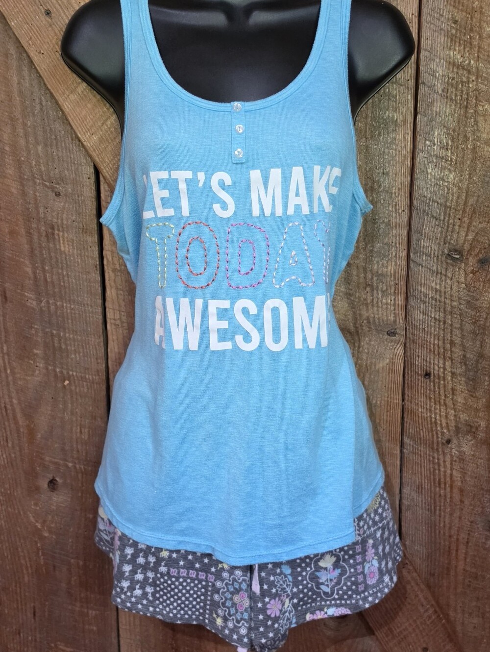 Secret Treasures Pajama Set Womens Tank Top Shorts 2pc Light Blue Gray Floral